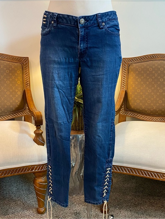 Cache Denim - Cache Dark Blue Denim Jeans with Lace-Up Corset Leg Details, Size 8 30" Waist